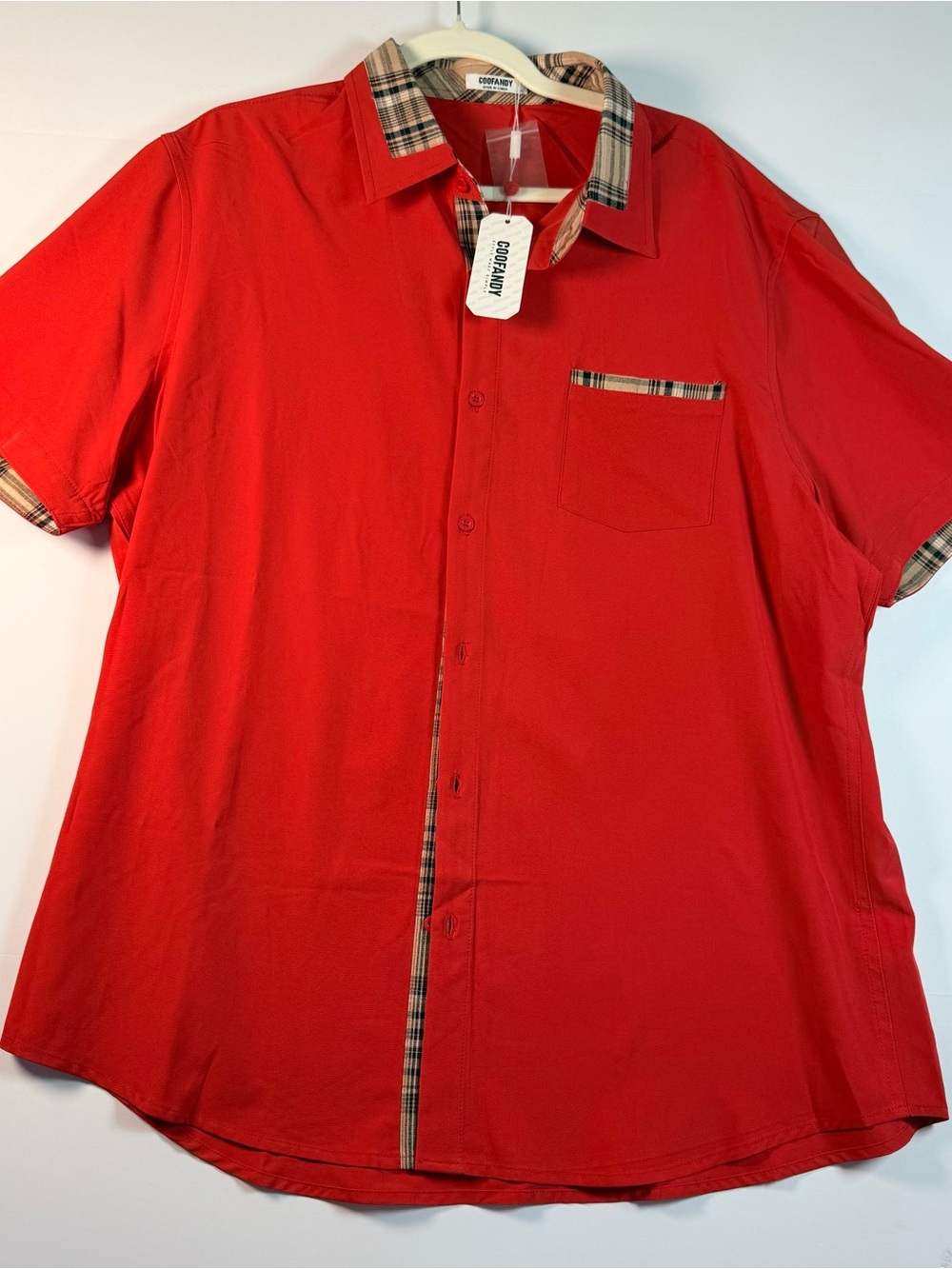 NWT COOFANDY Men’s XL Red Plaid Trim Short Sleeve Button Down Shirt